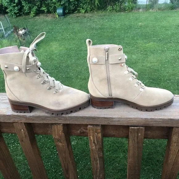 Karl Lagerfeld pearl and gold stud embellished leather lace up boots, size 10 - Picture 7 of 15